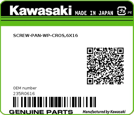 Product image: Kawasaki - 235R0616 - SCREW-PAN-WP-CROS,6X16  0