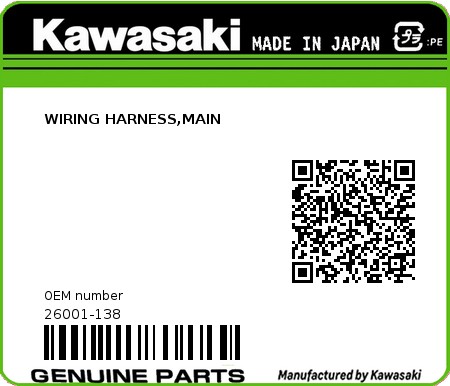 Product image: Kawasaki - 26001-138 - WIRING HARNESS,MAIN  0