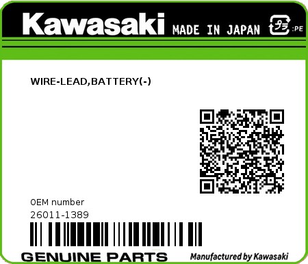 Product image: Kawasaki - 26011-1389 - WIRE-LEAD,BATTERY(-)  0