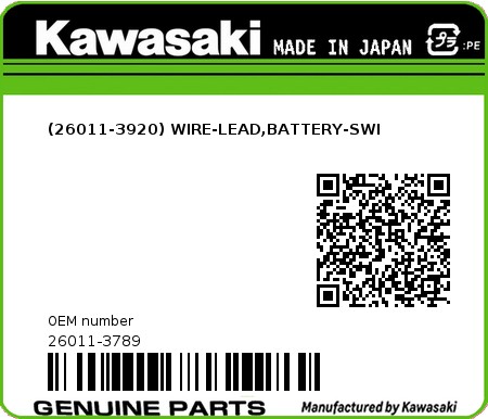Product image: Kawasaki - 26011-3789 - (26011-3920) WIRE-LEAD,BATTERY-SWI  0