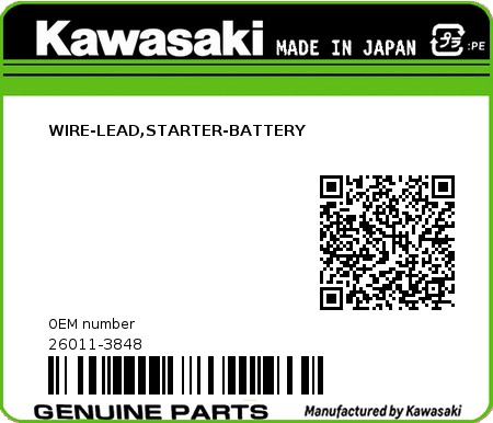 Product image: Kawasaki - 26011-3848 - WIRE-LEAD,STARTER-BATTERY  0
