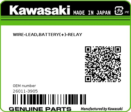 Product image: Kawasaki - 26011-3905 - WIRE-LEAD,BATTERY(+)-RELAY 