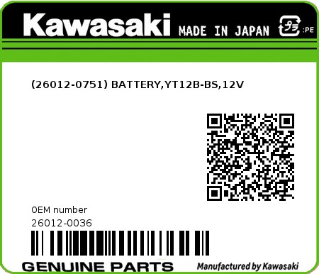 Product image: Kawasaki - 26012-0036 - (26012-0751) BATTERY,YT12B-BS,12V  0