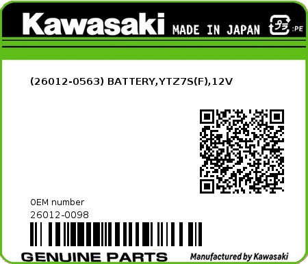Product image: Kawasaki - 26012-0098 - (26012-0563) BATTERY,YTZ7S(F),12V  0