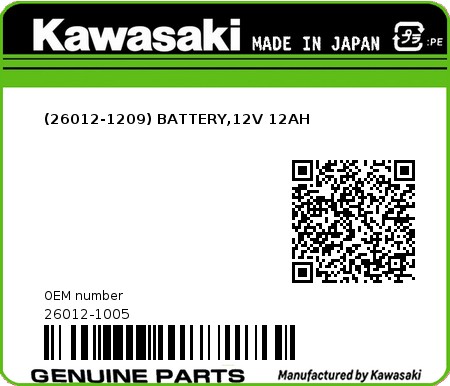 Product image: Kawasaki - 26012-1005 - (26012-1209) BATTERY,12V 12AH  0