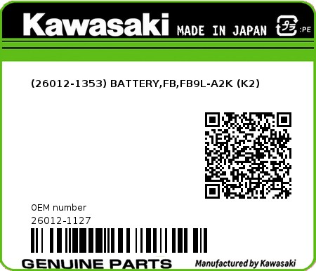 Product image: Kawasaki - 26012-1127 - (26012-1353) BATTERY,FB,FB9L-A2K (K2) 