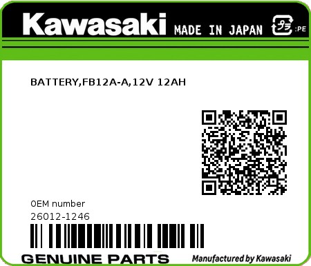 Product image: Kawasaki - 26012-1246 - BATTERY,FB12A-A,12V 12AH 