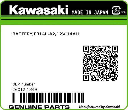 Product image: Kawasaki - 26012-1349 - BATTERY,FB14L-A2,12V 14AH  0