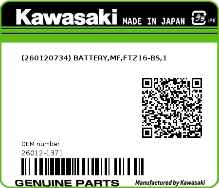 Product image: Kawasaki - 26012-1371 - (260120734) BATTERY,MF,FTZ16-BS,1  0