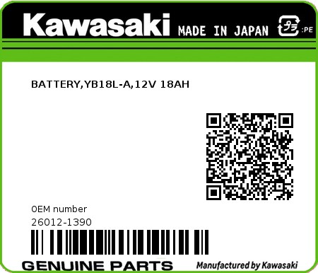 Product image: Kawasaki - 26012-1390 - BATTERY,YB18L-A,12V 18AH  0