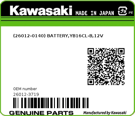 Product image: Kawasaki - 26012-3719 - (26012-0140) BATTERY,YB16CL-B,12V  0