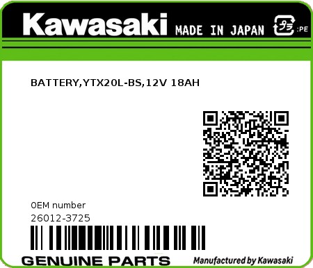 Product image: Kawasaki - 26012-3725 - BATTERY,YTX20L-BS,12V 18AH  0