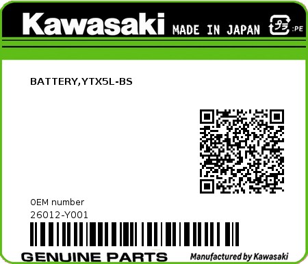 Product image: Kawasaki - 26012-Y001 - BATTERY,YTX5L-BS  0