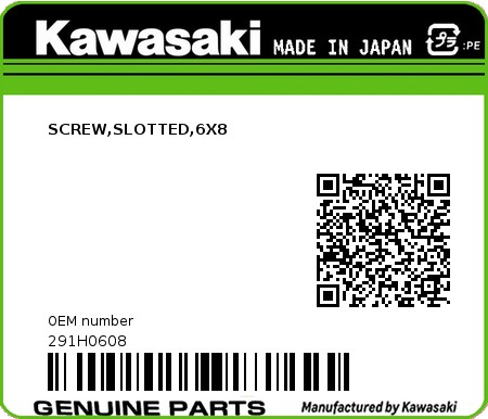 Product image: Kawasaki - 291H0608 - SCREW,SLOTTED,6X8  0