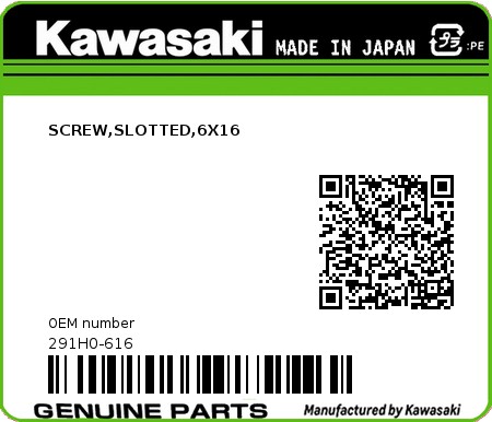 Product image: Kawasaki - 291H0-616 - SCREW,SLOTTED,6X16  0