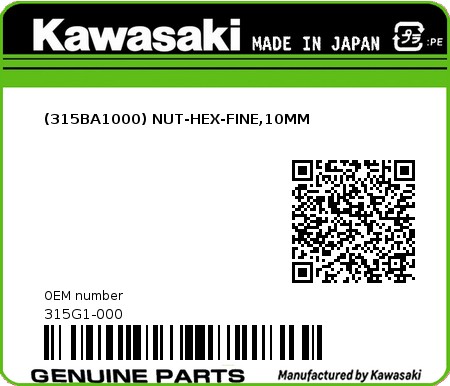 Product image: Kawasaki - 315G1-000 - (315BA1000) NUT-HEX-FINE,10MM  0