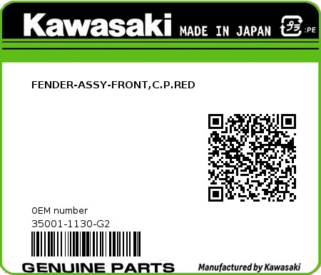 Product image: Kawasaki - 35001-1130-G2 - FENDER-ASSY-FRONT,C.P.RED 