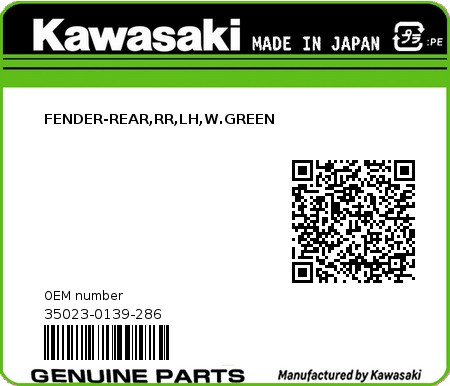 Product image: Kawasaki - 35023-0139-286 - FENDER-REAR,RR,LH,W.GREEN  0