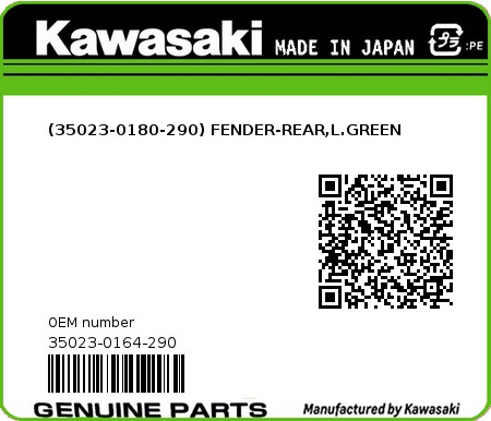 Product image: Kawasaki - 35023-0164-290 - (35023-0180-290) FENDER-REAR,L.GREEN  0