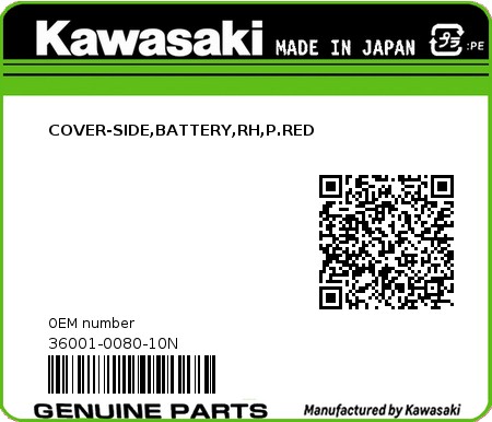 Product image: Kawasaki - 36001-0080-10N - COVER-SIDE,BATTERY,RH,P.RED  0
