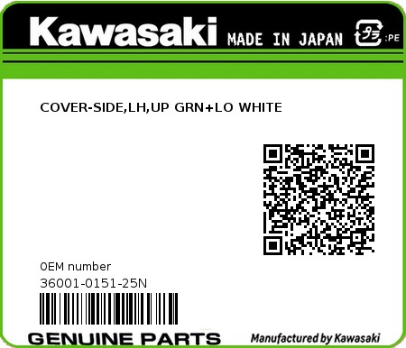 Product image: Kawasaki - 36001-0151-25N - COVER-SIDE,LH,UP GRN+LO WHITE  0