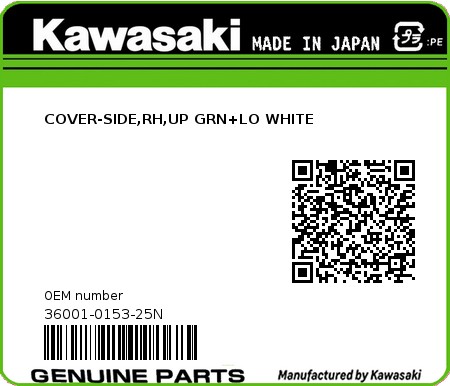 Product image: Kawasaki - 36001-0153-25N - COVER-SIDE,RH,UP GRN+LO WHITE 