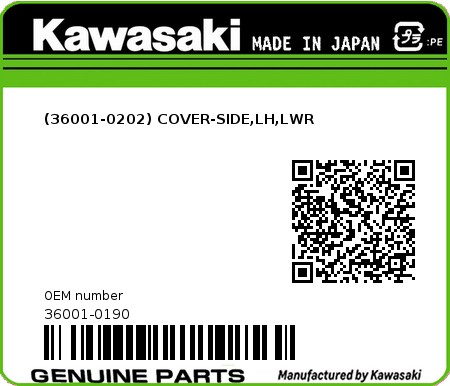 Product image: Kawasaki - 36001-0190 - (36001-0202) COVER-SIDE,LH,LWR  0
