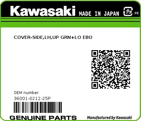 Product image: Kawasaki - 36001-0212-25P - COVER-SIDE,LH,UP GRN+LO EBO  0
