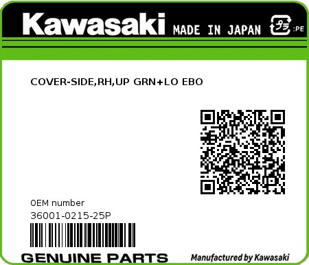 Product image: Kawasaki - 36001-0215-25P - COVER-SIDE,RH,UP GRN+LO EBO  0