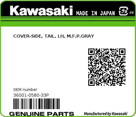 Product image: Kawasaki - 36001-0580-33P - COVER-SIDE, TAIL, LH, M.F.P.GRAY 