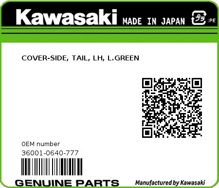 Product image: Kawasaki - 36001-0640-777 - COVER-SIDE, TAIL, LH, L.GREEN  0