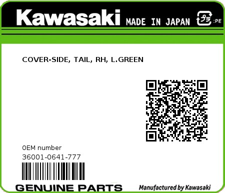 Product image: Kawasaki - 36001-0641-777 - COVER-SIDE, TAIL, RH, L.GREEN  0