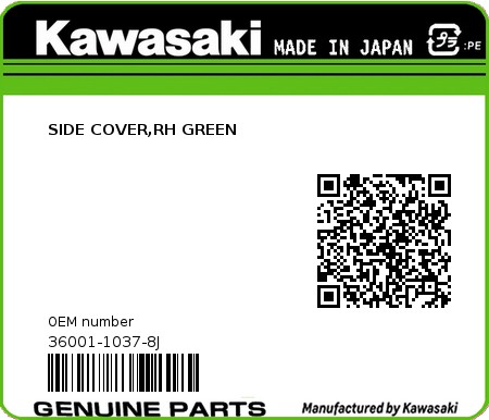 Product image: Kawasaki - 36001-1037-8J - SIDE COVER,RH GREEN  0