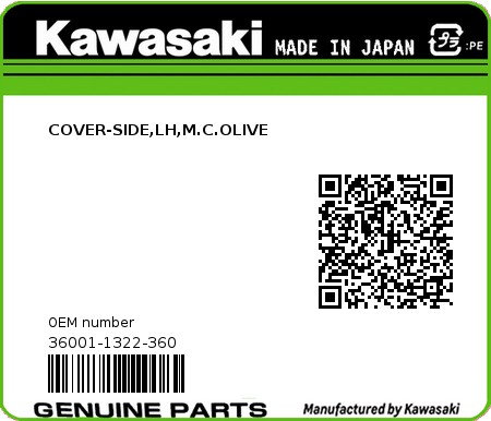 Product image: Kawasaki - 36001-1322-360 - COVER-SIDE,LH,M.C.OLIVE 