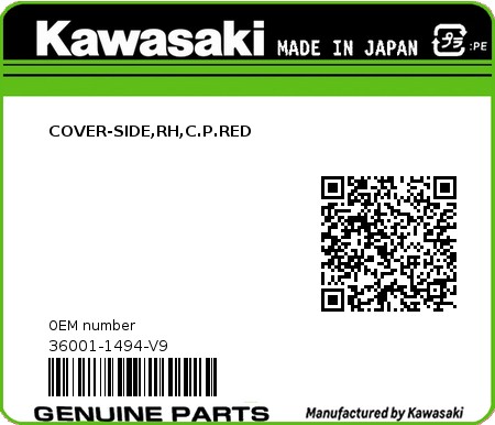 Product image: Kawasaki - 36001-1494-V9 - COVER-SIDE,RH,C.P.RED 