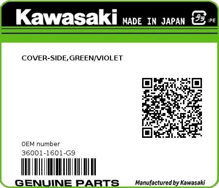 Product image: Kawasaki - 36001-1601-G9 - COVER-SIDE,GREEN/VIOLET 