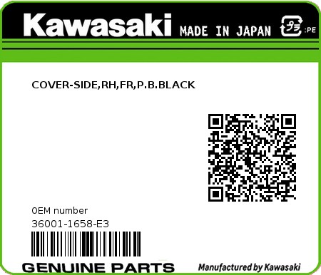 Product image: Kawasaki - 36001-1658-E3 - COVER-SIDE,RH,FR,P.B.BLACK  0