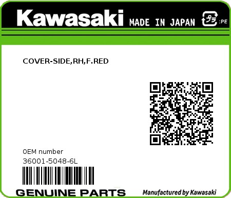 Product image: Kawasaki - 36001-5048-6L - COVER-SIDE,RH,F.RED 