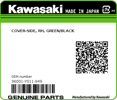 Product image: Kawasaki - 36001-Y011-949 - COVER-SIDE, RH, GREEN/BLACK 