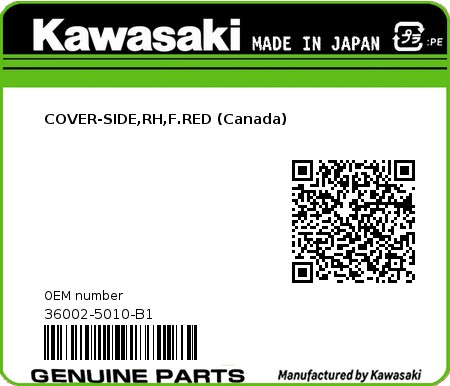 Product image: Kawasaki - 36002-5010-B1 - COVER-SIDE,RH,F.RED (Canada)  0
