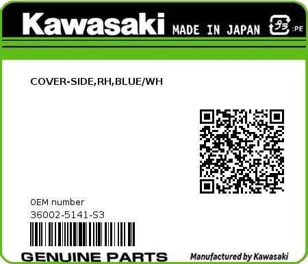 Product image: Kawasaki - 36002-5141-S3 - COVER-SIDE,RH,BLUE/WH 