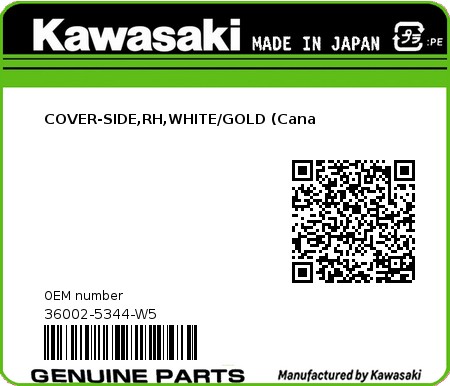 Product image: Kawasaki - 36002-5344-W5 - COVER-SIDE,RH,WHITE/GOLD (Cana 