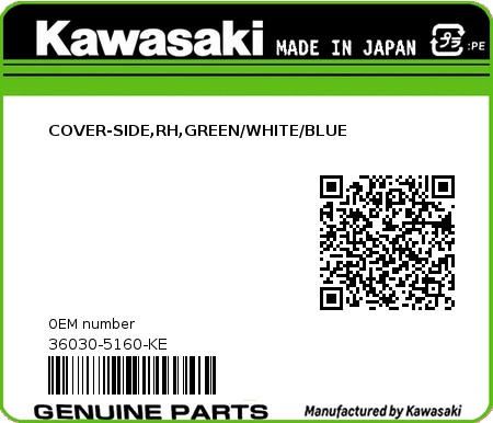 Product image: Kawasaki - 36030-5160-KE - COVER-SIDE,RH,GREEN/WHITE/BLUE  0