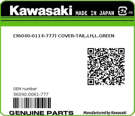 Product image: Kawasaki - 36040-0061-777 - (36040-0114-777) COVER-TAIL,LH,L.GREEN  0
