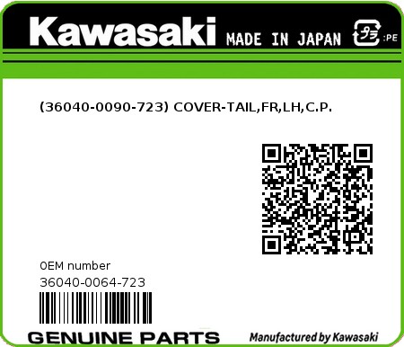 Product image: Kawasaki - 36040-0064-723 - (36040-0090-723) COVER-TAIL,FR,LH,C.P.  0