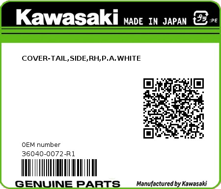 Product image: Kawasaki - 36040-0072-R1 - COVER-TAIL,SIDE,RH,P.A.WHITE 