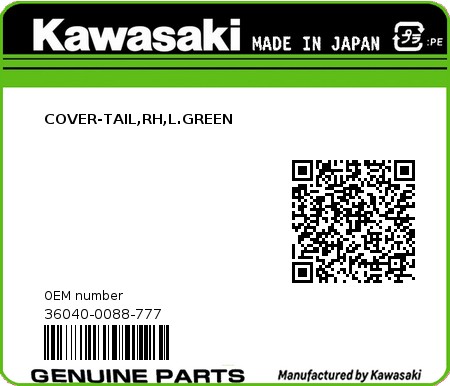 Product image: Kawasaki - 36040-0088-777 - COVER-TAIL,RH,L.GREEN  0