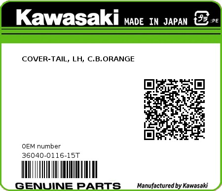 Product image: Kawasaki - 36040-0116-15T - COVER-TAIL, LH, C.B.ORANGE  0