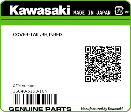 Product image: Kawasaki - 36040-5193-10N - COVER-TAIL,RH,P.RED  0