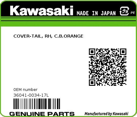 Product image: Kawasaki - 36041-0034-17L - COVER-TAIL, RH, C.B.ORANGE  0